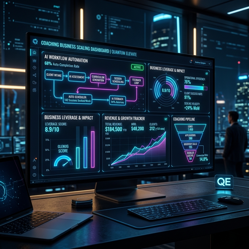 Futuristisches Dashboard für Business Leverage und KI-Workflows im Coaching