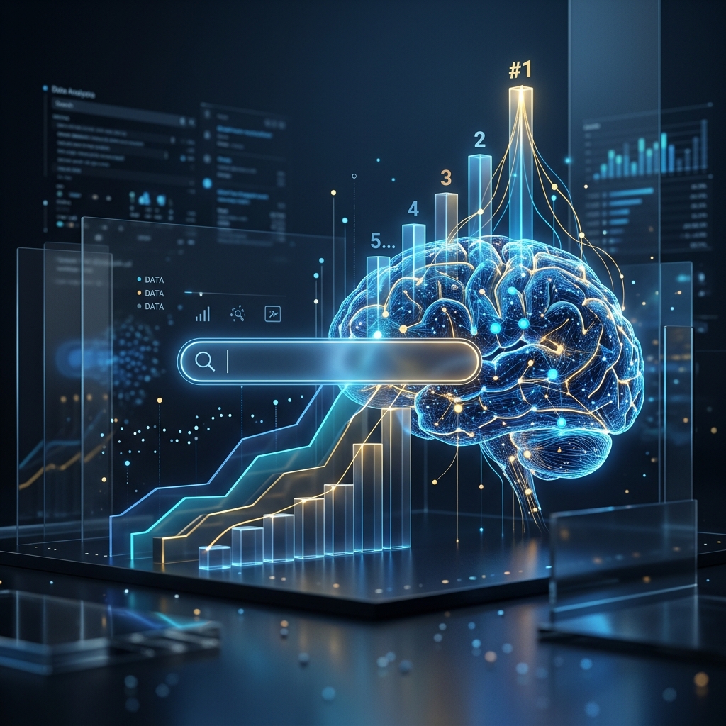3D Render eines neuronalen Netzes kombiniert mit Suchmaschinen-Metriken