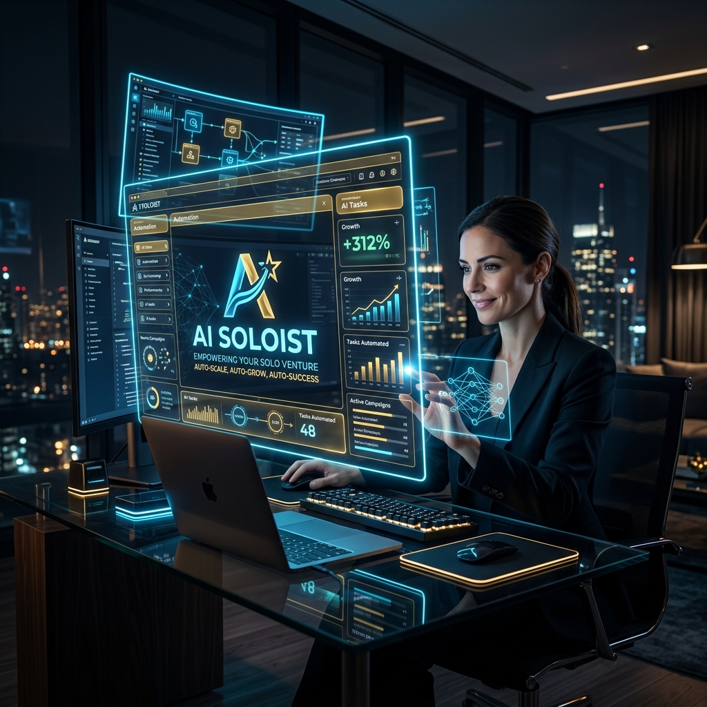 Futuristischer KI-Arbeitsplatz für Solopreneure im Dark Mode