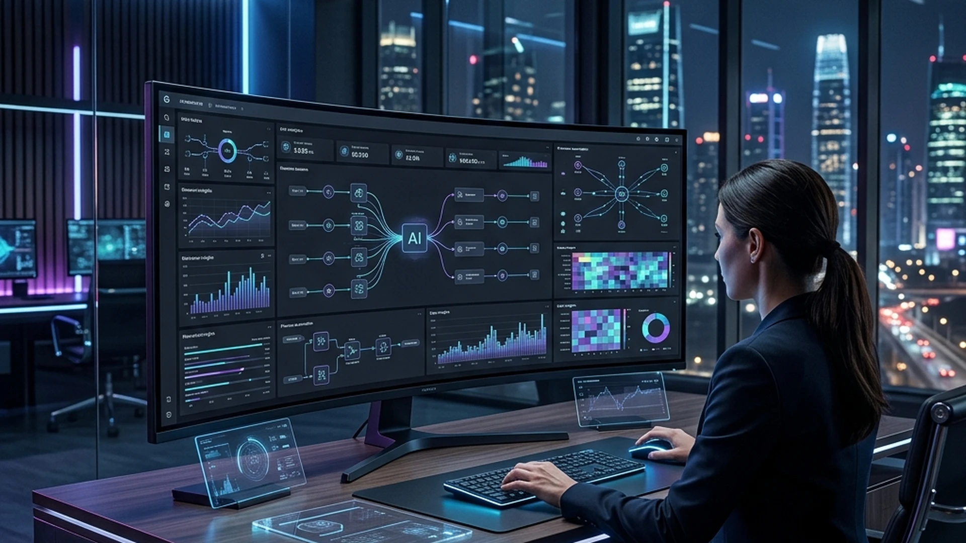Futuristisches digitales Dashboard für Geschäfts-Automatisierung und KI-Workflows