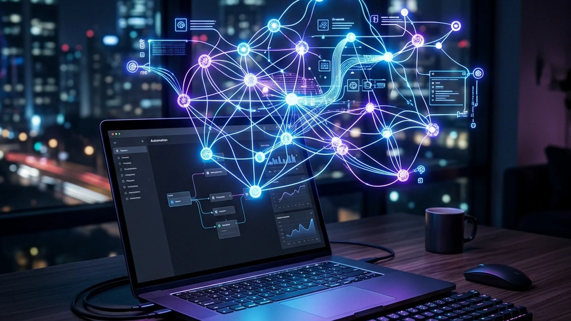 Futuristischer KI-Arbeitsplatz für No-Code Solopreneure im Dark Mode